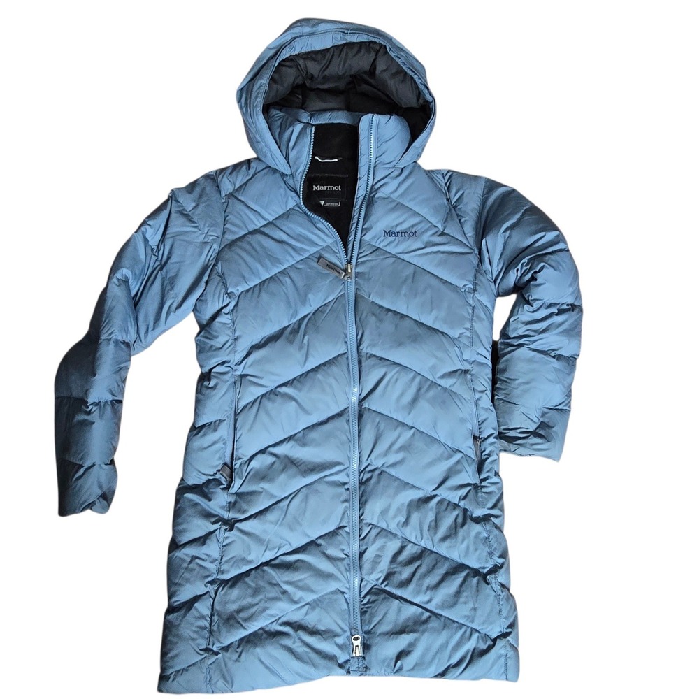 Marmot Aruna Hoody Childrens Large Blue Down Quilted Long Puffer Jacket 176180